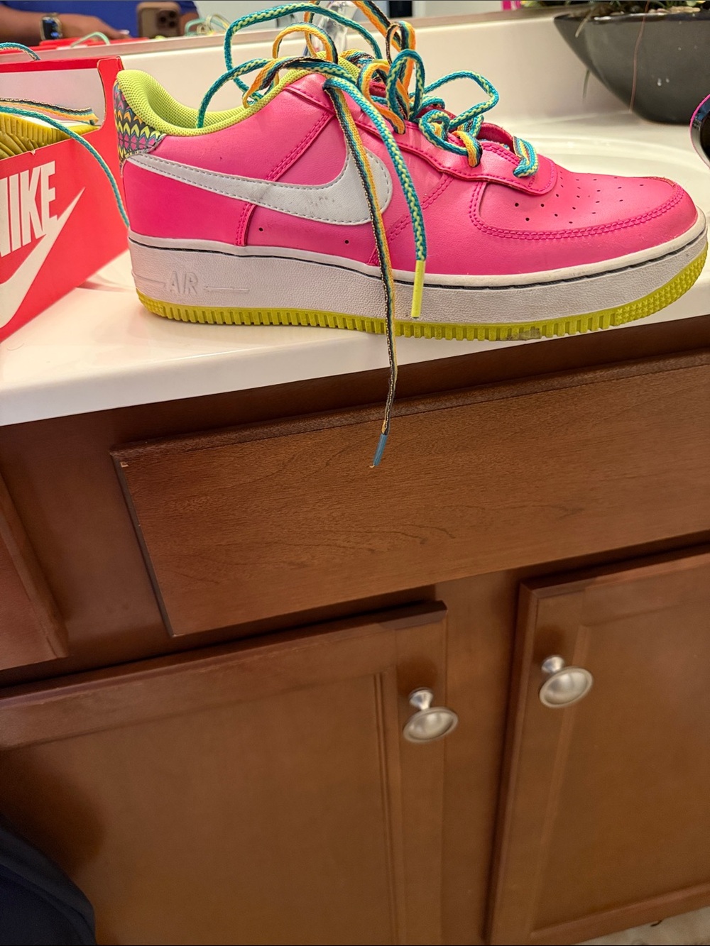 Nike Kids Low-Top Sneakers in Hot Pink with White Swoosh and Neon Yellow Sole